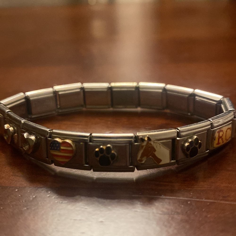 Stretchy on/off Metal Charm Bracelet with Tiles charms all the way around - Picture 3 of 4